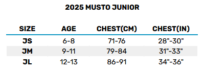 2025 Musto Juniors 0 Størrelsesskema